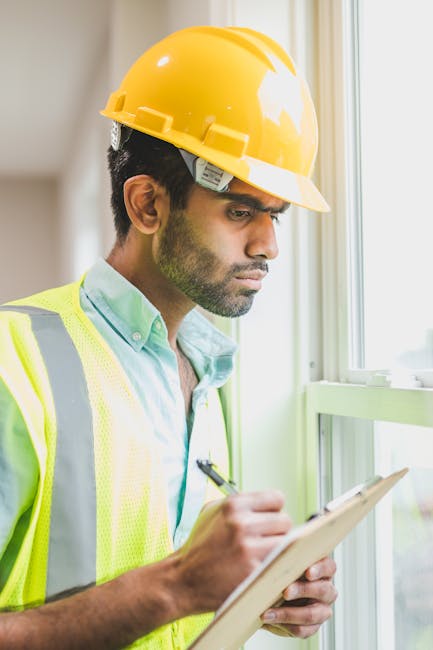 A person wearing a light blue shirt holds a clipboard with a home inspection checklist, which is divided into sections including foundation, roof, interior, plumbing, electrical, and attic. The checkl