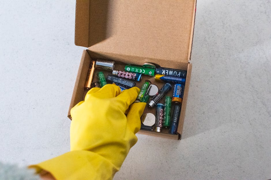 A person's hand holding a yellow and blue lithium battery over a green recycling bin designed for battery disposal, which features a circular opening in the centre. The person's hand is positioned abo